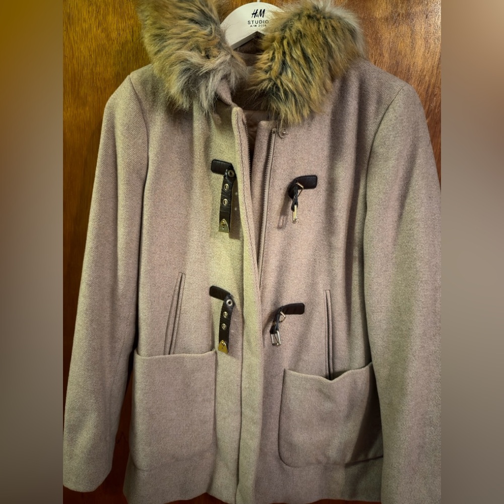 Calvin Klein Tan Wool Jacket with Faux Fur Collar